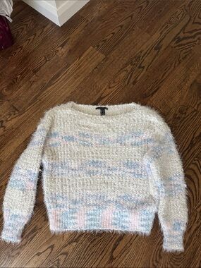 Forever 21 Cream Fuzzy Crewneck Sweater with Pastel Blue & Pink Stripes
